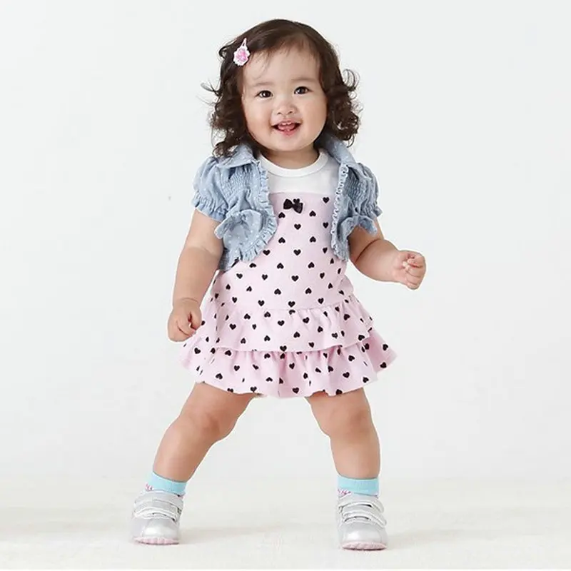 

Baby Kids Girls Hearts Set Dress+Bow Denim Jean Coat Outfits Costume 2 pieces Set  roupas infantis menina