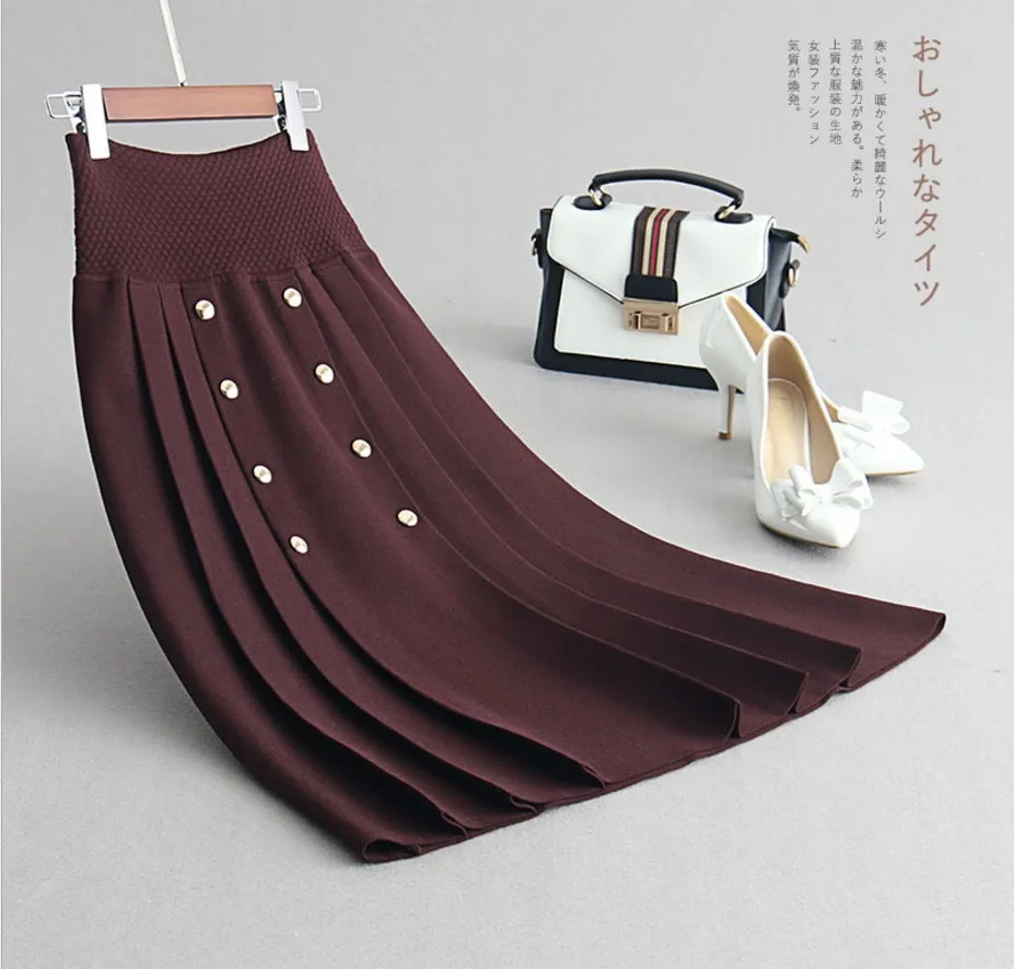 

GTGYFF purple brown black stretch elastic high waist midi pleated knitted skirt for women double breasted knit skirts womens