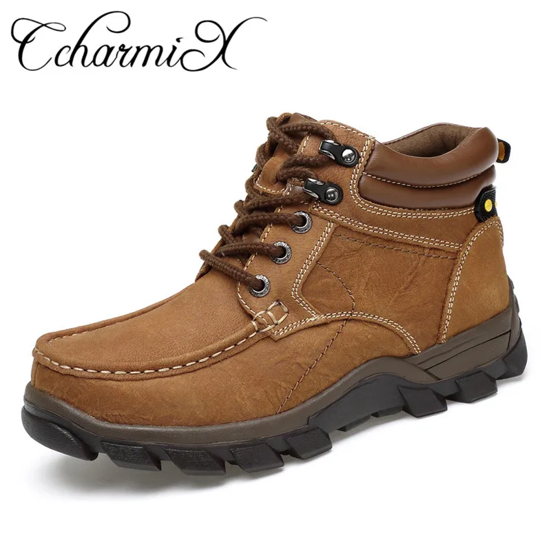 CcharmiX Men Cow Leather Ankle Boots Lace-up Fashion Western Boots With Fur Winter Shoes Men Boots Casual Men Shoes Plus Size 47