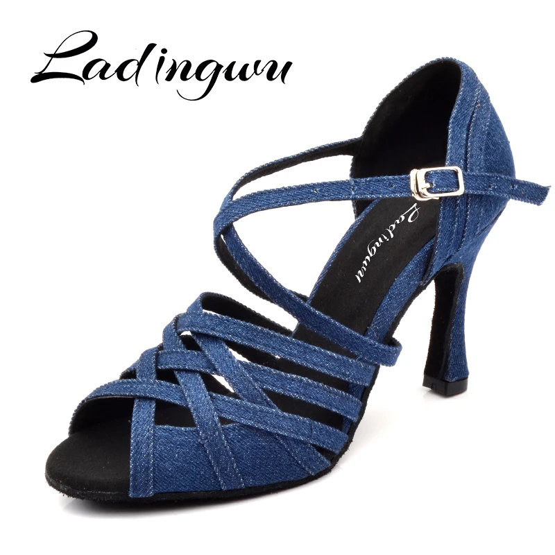 $24.51 Ladingwu Women Dance Shoes Latin Salsa Tango Blue Denim Dance Shoes Woman's Ballroom Paty Professio