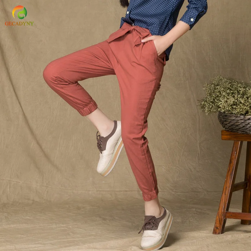 

Women Slim Original Design Vintage Linen Female Dazzling Female Drawstring Pants Capris Casual Trousers For Students/Girls