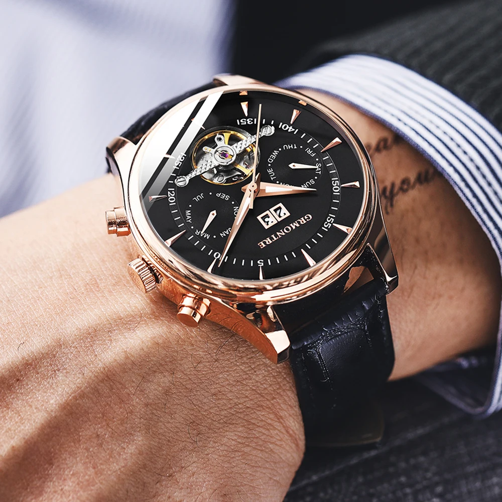Relógios de Pulso Esqueleto Tourbillon Relógio Mecânico Masculino Automático Clássico Rosa Ouro Couro Mecânicos Reloj Hombre 2020 Luxo