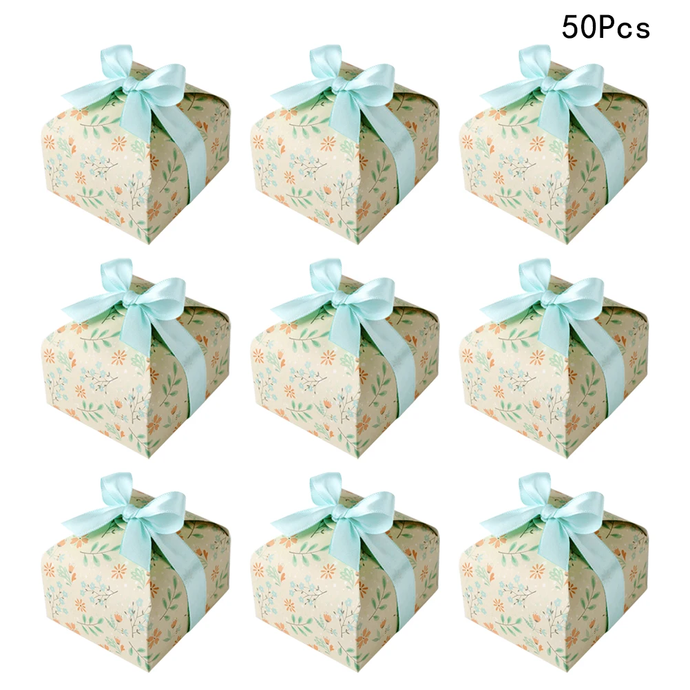 50 шт. коробки для конфет светло-желтые наземные Цветочные узорные квадратные упаковочные подарочные коробки с лентой для свадебного
