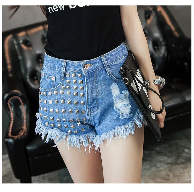 2017 European station Europe and the United States new rivets rivets irregular cat to be side cowboy high waist pants shorts hot pants (3)