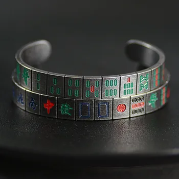 

Traditional Chinese Mahjong Majiang Pattern Vintage Titanium Steel Cuff Open Bangle Funny Bracelet for Women and Men SS-159