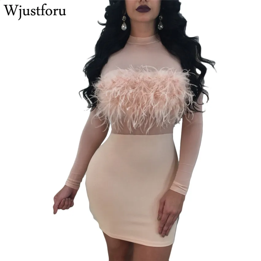 

Wjustforu New Fashion Feather Bodycon Dress Women Spring Winter Long Sleeve Pencil Dress Female Robe Club Party Dresses