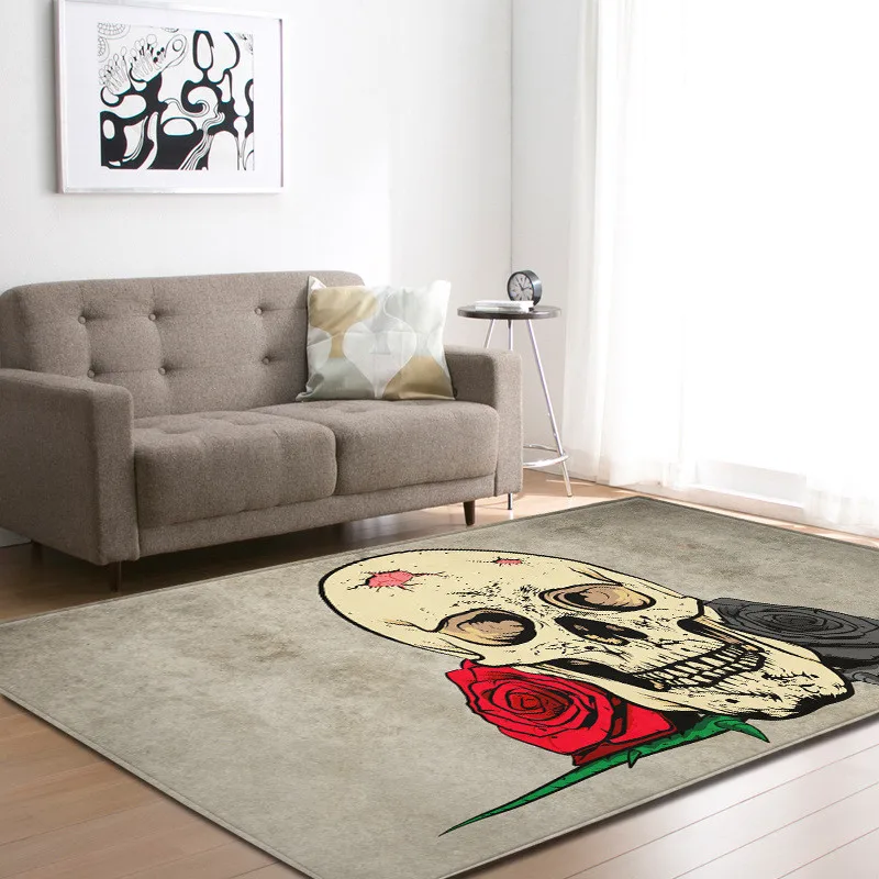 

3D Flower Sugar Skull Printed Black Flannel Velvet Carpets for Living Room Large Area Mats Modern Outdoor Floor Rugs Home Decor