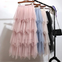 Женская Весенняя коллекция, кружевная Лоскутная газовая сетчатая юбка, Женская эластичная юбка с высокой талией и оборками, Асимметричные Длинные юбки, Saias