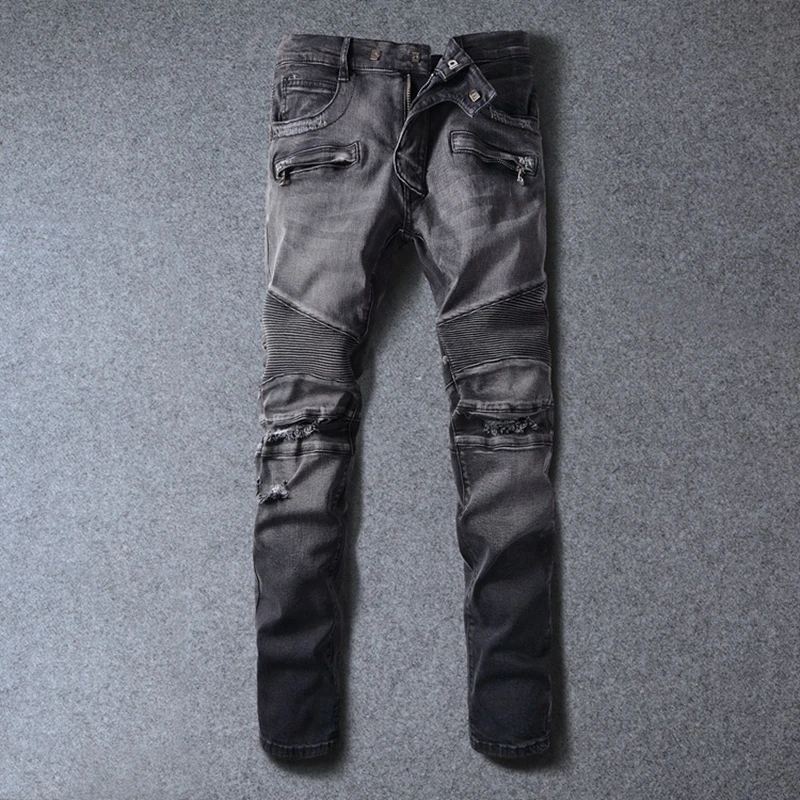 Mens Fashion Black Hole Ripped Biker Jeans Casual Slim Fit Vintage Stretch Denim Straight Pants
