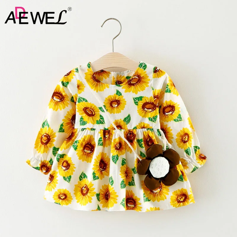 

ADEWEL Baby Dress Long Sleeve Girls Sunflower Print for 1 2 3 Year 2019 Spring Autumn New Infants Girl Princess Dresses with Bag