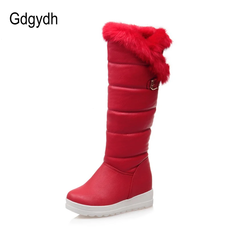 Женские сапоги до колена Gdgydh красные теплая обувь на танкетке с пряжкой плюшевые