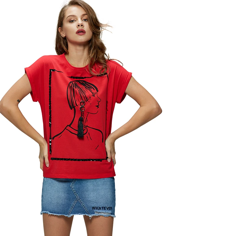 GLO-STORY Европейский стиль Женские повседневные персонажи Бисероплетение кисточки короткий рукав красные футболки топы Женская одежда WPO-8172