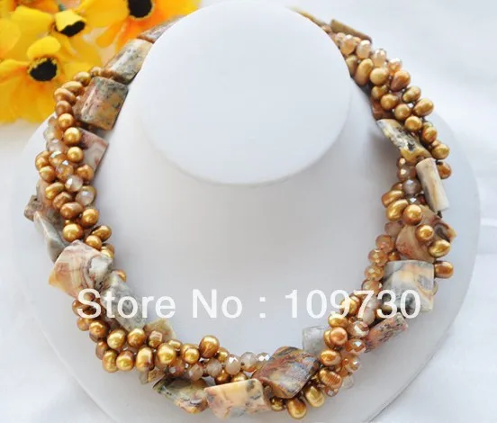

Jewelry 00124801 4row coffee baroque pearl faceted crystal square agate necklace