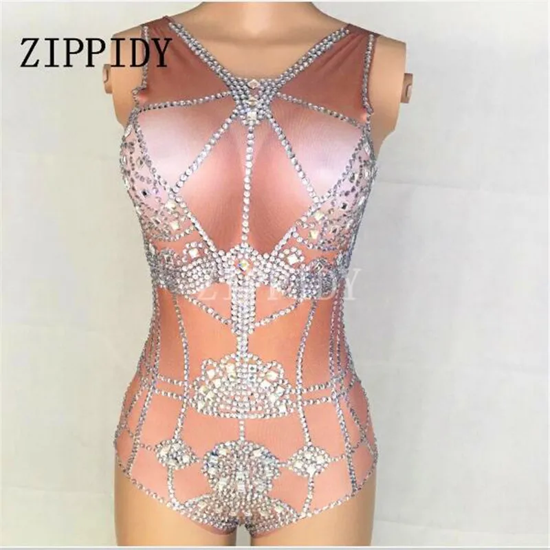 nude bodysuit Блестящие кристаллы Bling боди со стразами сексуальный цельный эластичный костюм наряд Производительность Костюм Go-Go показать вечерние Одежда для танцев - Цвет: nude bodysuit