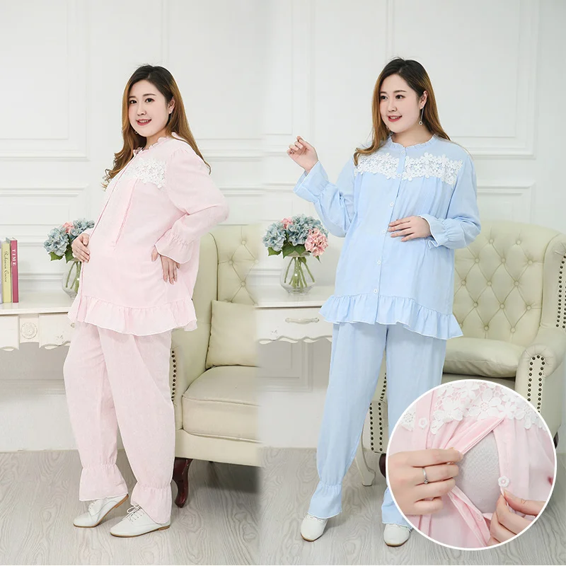 

Pregnant mother breastfeeding pajamas 3XL-6XL Large size comfortable maternity clothes Pink blue yellow thin section