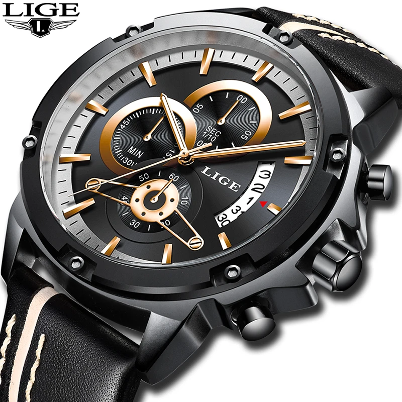 

2019 LIGE Mens Watches Fashion Chronograph Male Top Brand Luxury Quartz Watch Men Leather Waterproof Sport Watch Erkek Kol Saati