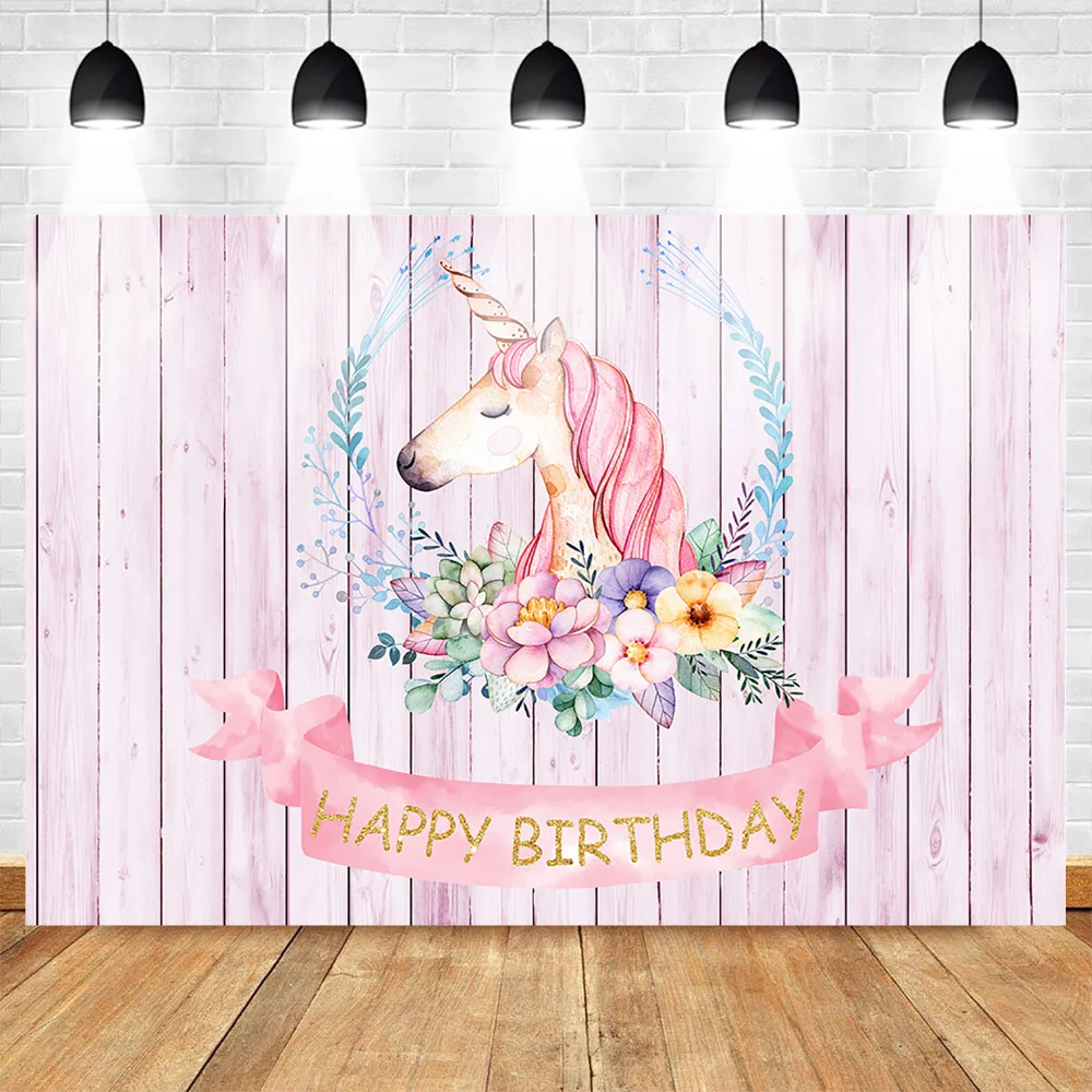 

Neoback Pink Unicorn Backdrop for Photography Happy Birthday Party Banner Background Princess Wooden Floor Flower Backdrops