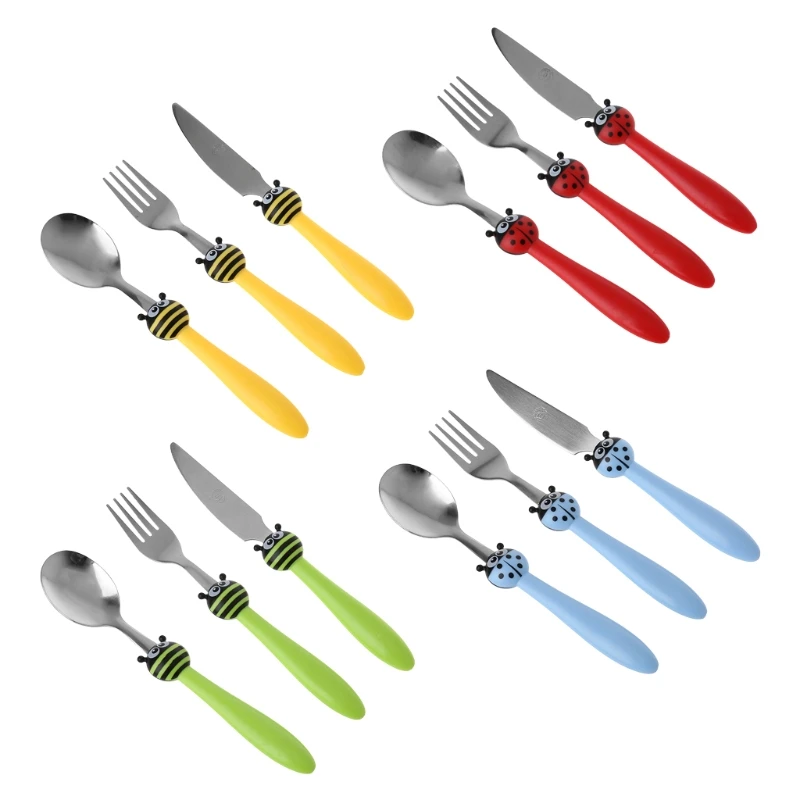 

1 Set Kids Tableware Children Feeding Spoon Fork Knife Cartoon Stainless Steel