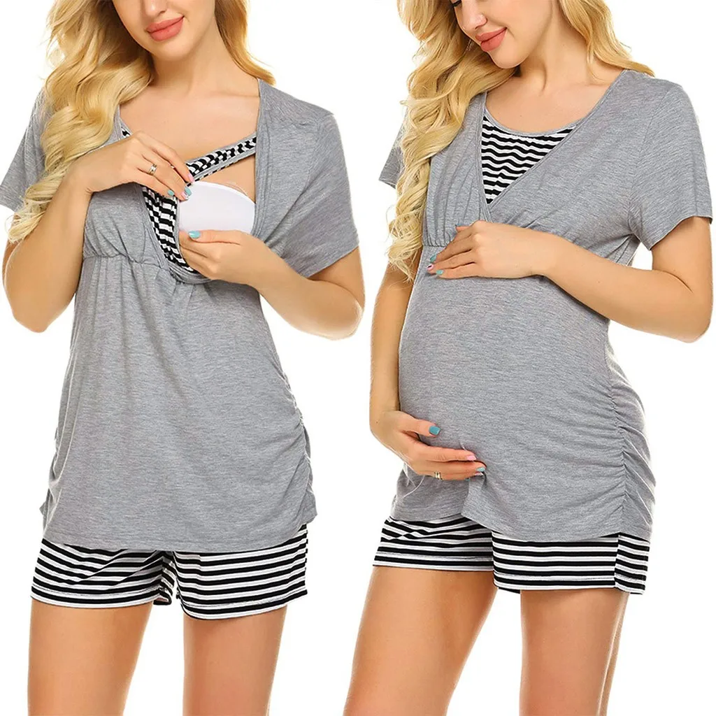 MUQGEW/женское материнское Грудное вскармливание, топ с короткими рукавами для кормящих детей, футболка+ шорты в полоску, пижамный комплект пижам для матерей# Y3