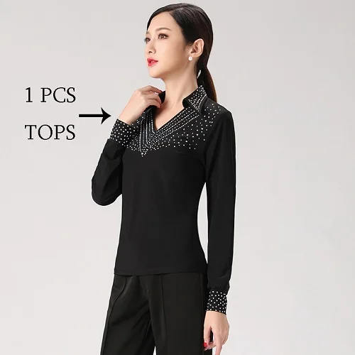 Women shirt Мода Латинской топы для мужские черные со стразами бальные для занятий танцами одежда Танго Сальса ча-ча Самба Румба выполнить рубашка DC2055 - Цвет: Women shirt