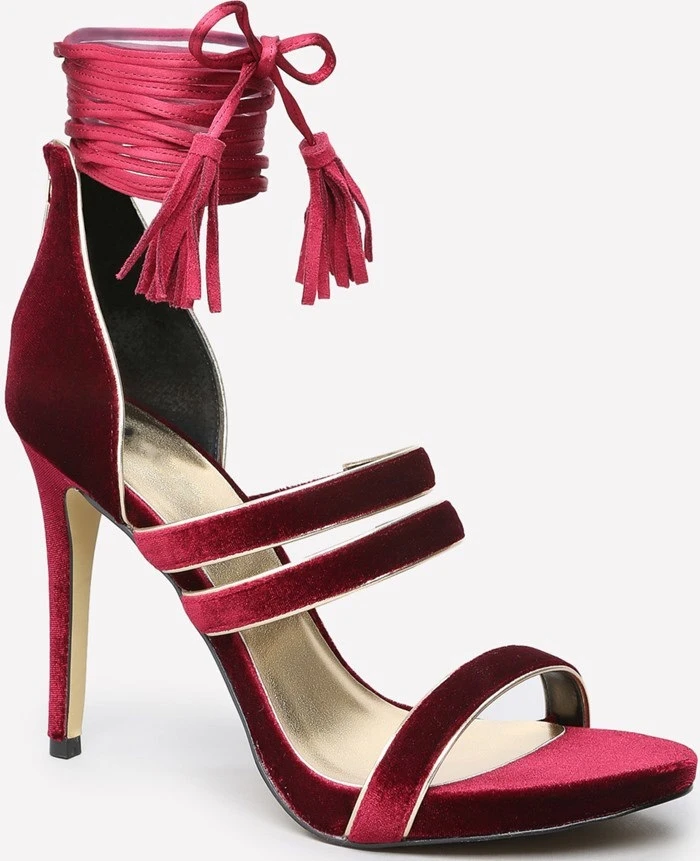 Sandalias de tacón alto y fino para mujer, zapatos de tacón alto con cordones, con correa en el tobillo, Sexy, para fiesta, color vino tinto, de lujo, Envío Gratis|Sandalias de -