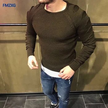 

Men 2018 Sweater New Arrival Casual Pullover Men Autumn Round Neck Patchwork Quality Knitted Brand Plus Size Male Hole Sweaters