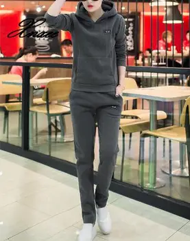 

2020 autumn and winter new casual suit female slim slimming hooded plus velvet sweater sportswear fashion two-piece