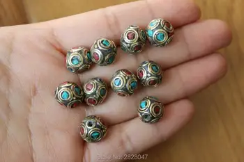 

BD124 Handmade Nepal Brass Colorful Stone Round Loose Beads Tibetan 11mm Ball Beads Spacers Beads Bracelet Beads 10 Beads Lot