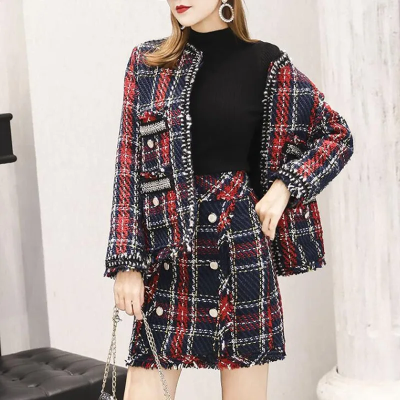 

Skirt Suits Women Runway Designer Elegant Office Ladies Formal Tweed Wool Plaid Blazer Jacket Mini Skirt 2 Piece Set 2020 Winter