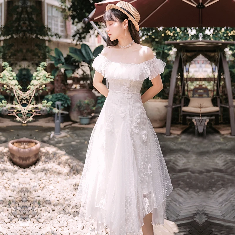 

2019 Summer New Fashion Women Elegant Sexy Slash Neck Off Shoulder Vintage Lace White Dress Slim Beach Sundress Vestidos