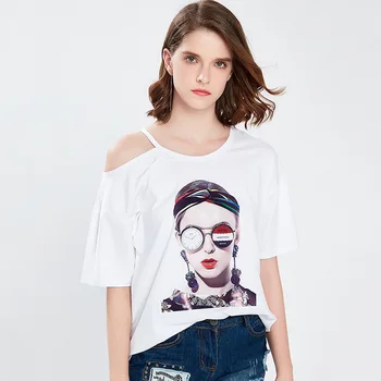 

YZ Women T-shirt 2019 Summer New Femme Sexy Top Cotton Short Sleeve Print Off-shoulder Loose Feminino T-shirt