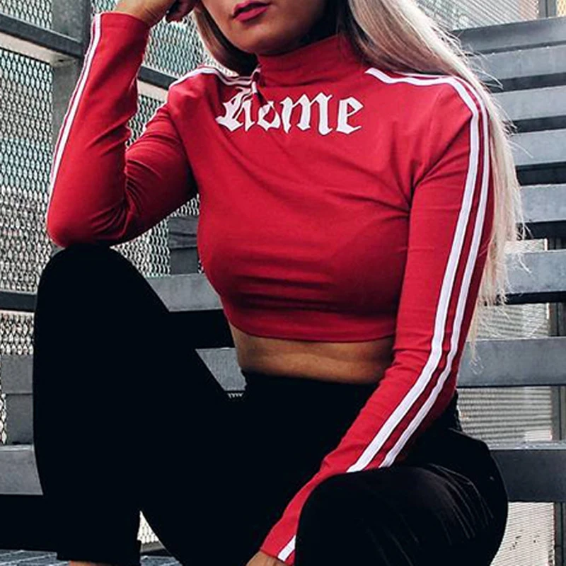 Fetoo Women Turtleneck Sexy Red Crop Top Shirt Romeo Letter Printed Crop Top Long Sleeve 2017