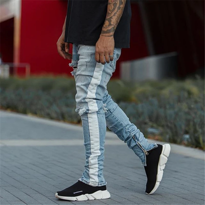 

Men hip hop KANYE WEST Slim Knee Ripped Skinny Jeans White strip Patchwork hole Destroyed Streetwear Ankle zipper Denim Pants