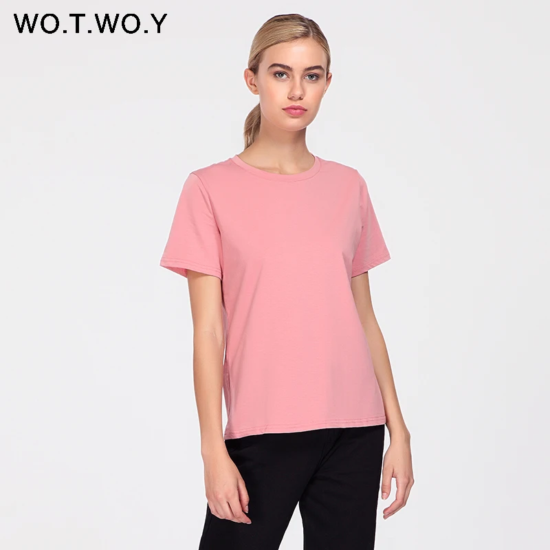 WOTWOY 2018 الصيف القطن T قميص المرأة فضفاض نمط الصلبة المحملة قميص الإناث قصيرة الأكمام أعلى المحملات س الرقبة تي شيرت المرأة 12 الألوان