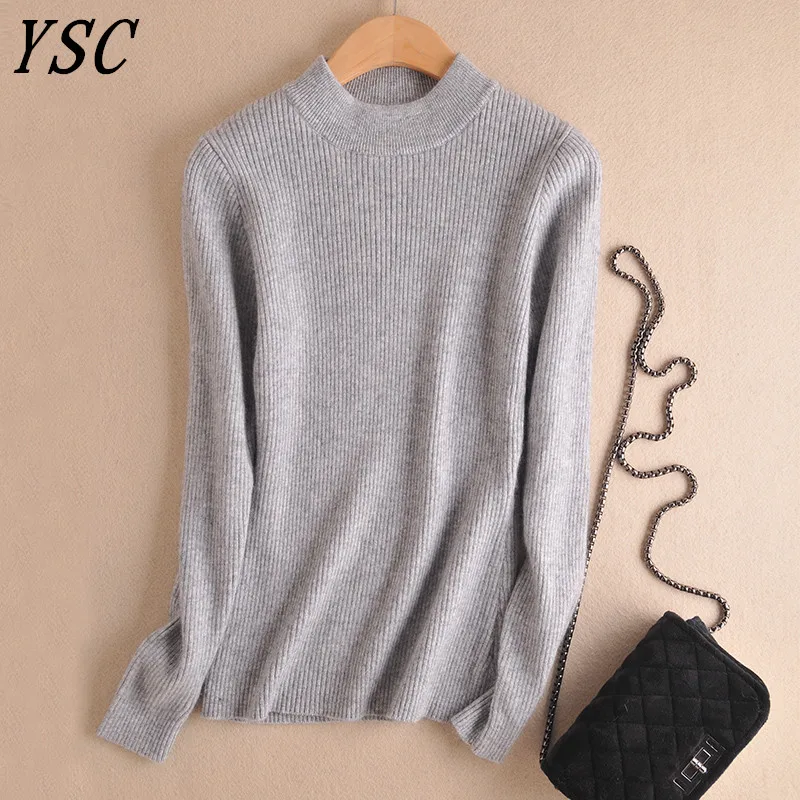 

YUNSHUCLOSET Winter Hot Sales Women's Knitted Wool Sweater Half high collar Solid color Cashmere pullovers Free Shipping