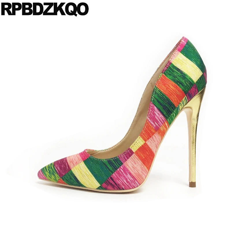 

women stiletto exotic dancer multi colored pointed toe 8cm satin thin metal heels runway 12cm 5 inch pumps 10 42 big size shoes