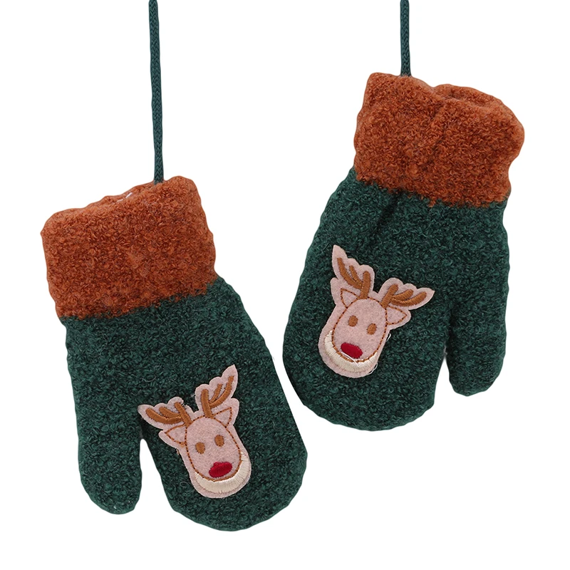 Модные детские вязаные перчатки из хлопка и флока; сезон осень-зима; толстые теплые перчатки для малышей; милый Рождественский олень; подарок для мальчиков и девочек - Цвет: green