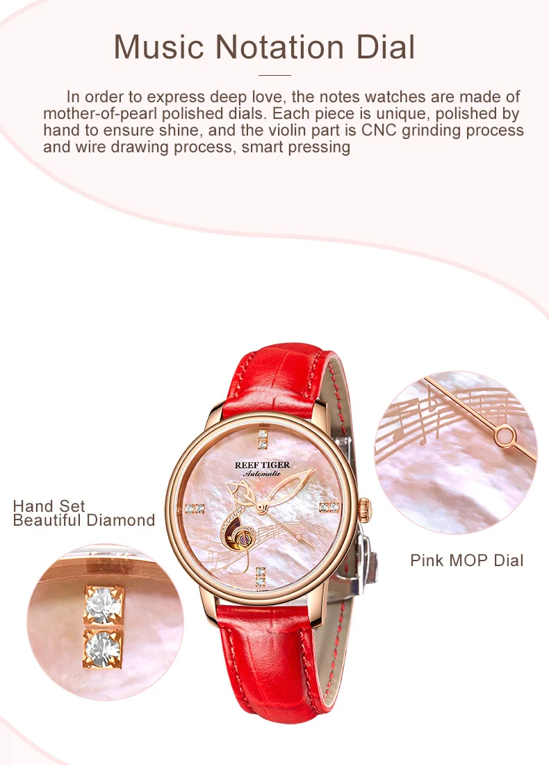 Reef Tiger/RT женские модные часы Новые Роскошные автоматические часы из розового золота с кожаным ремешком relogio feminino RGA1582