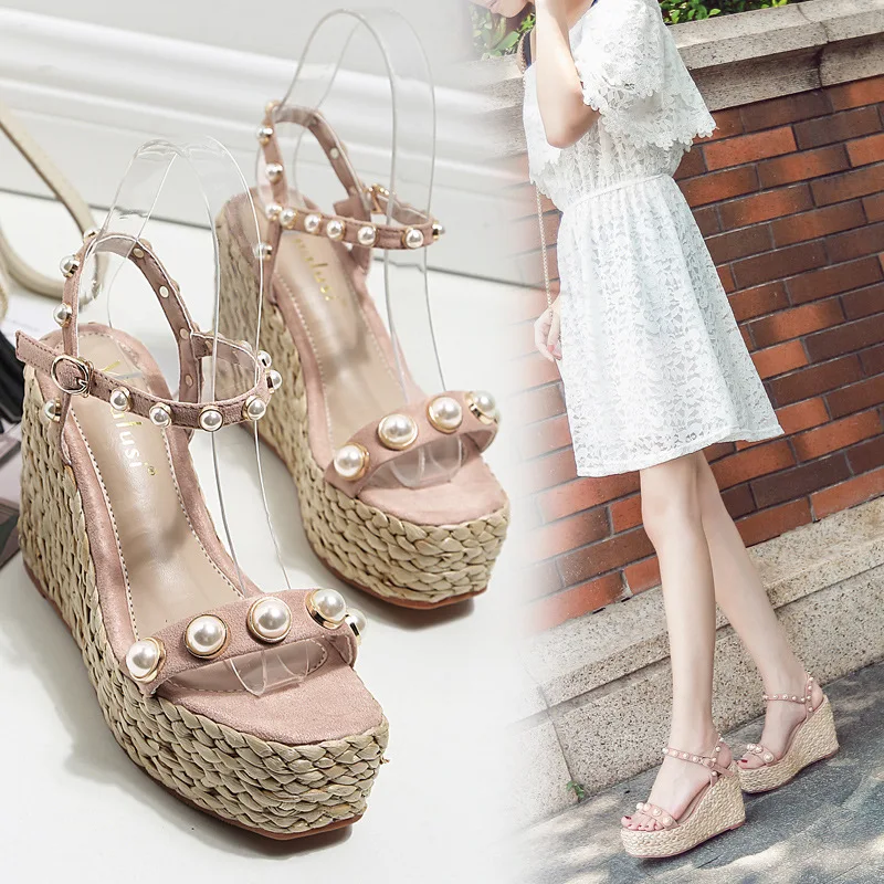 

pearl ankle buckle beach sandals women square toe open toe knitting sandals ladies flock cover heel platform wedges sandals