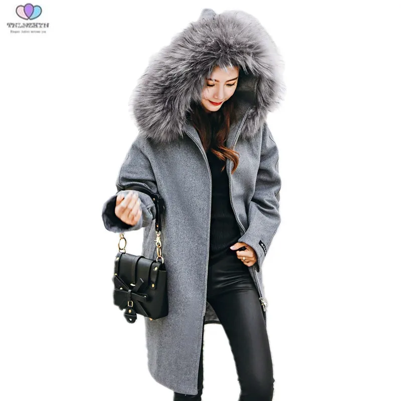 

2019 New Autumn Winter Jackets And Coats Women Thick Fur Collar Hodded Woolen Coat Fashion Warm Women Coats TNLNZHYN E263