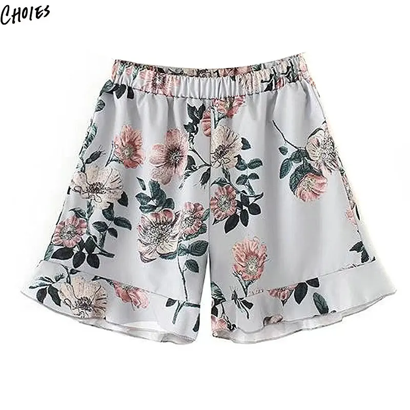 White High Waist Floral Print Ruffle Hem Shorts 2018 Summer Elastic