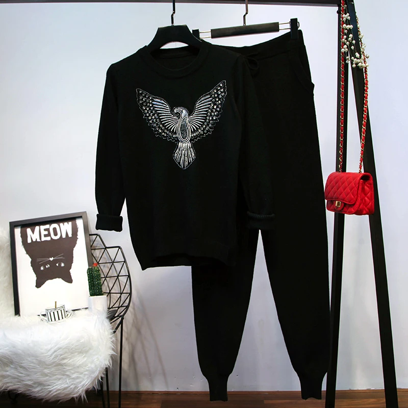 

Amolapha Women Hangmade Beading Embroidery Knitted Jumper Tops+Pants 2PCS Sets Loose Knit Pullover Tops+Trousers Clothing Sets