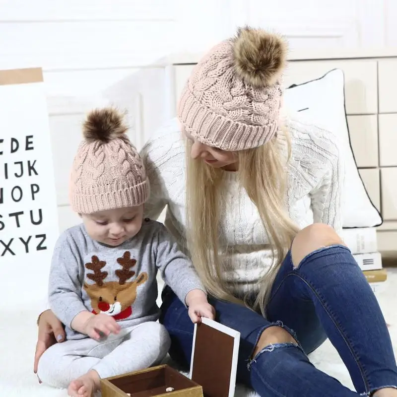 

Baby Adult Winter Warm Knit Hat Family Matching Beanie Hairball Kids Solid Color Elastic Cap spring summer autumn and winter