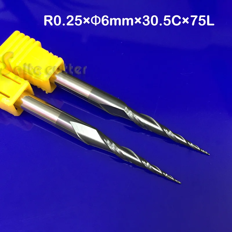 

2pcs R0.25*D6*30.5*75L*2F HRC55 Tungsten solid carbide Coated Tapered Ball Nose End Mills taper and cone CNC milling cutter