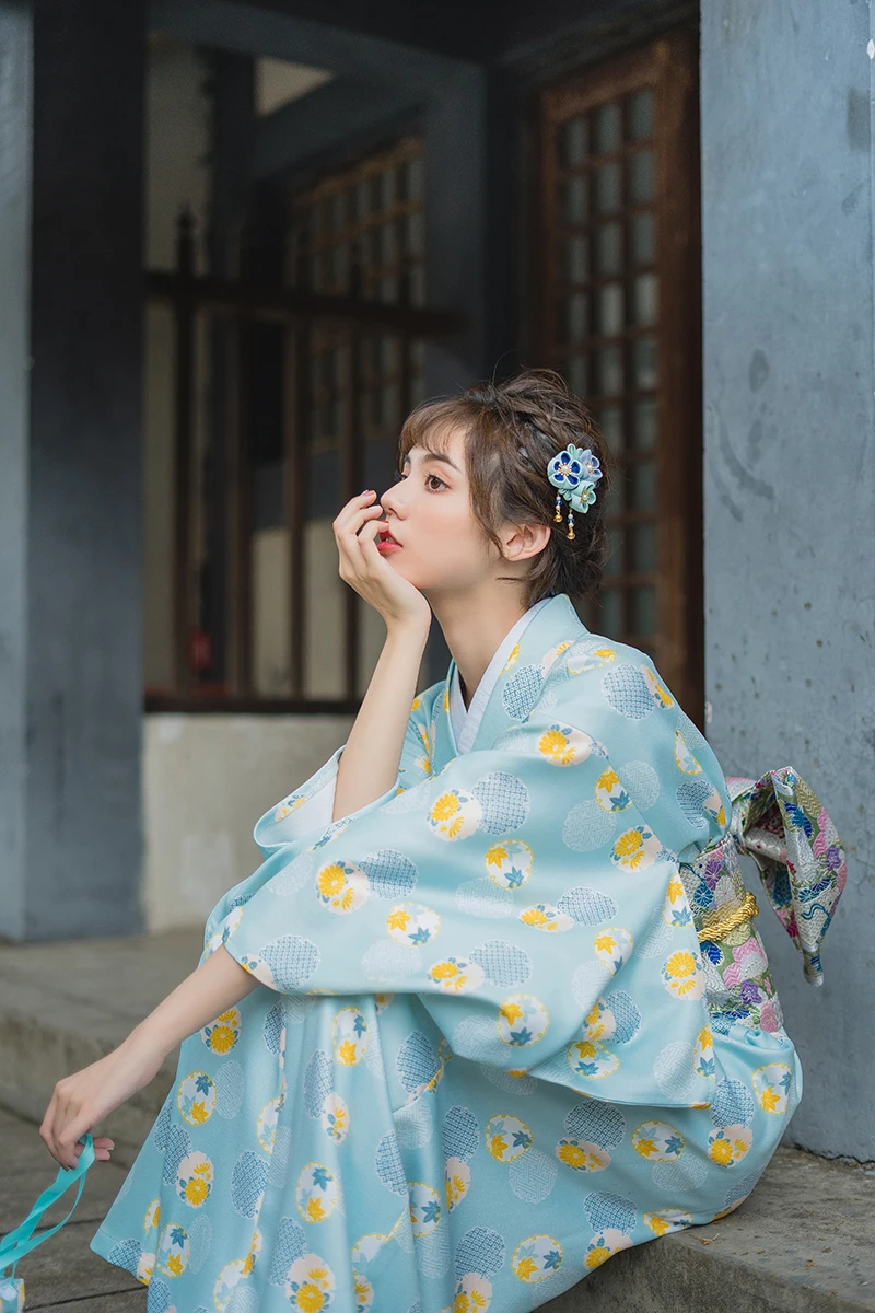 Vintage Girl Robe Gown Japanese National Women Kimono Classic Yukata With Obi Elegant Print Floral Dress Cosplay Costume S M