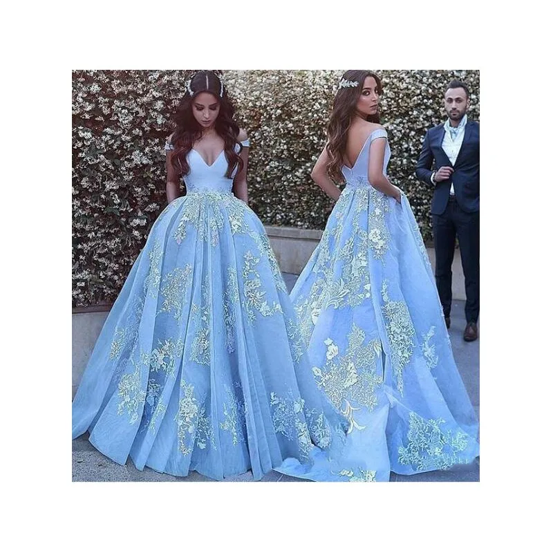

Elegant Formal Evening Dresses 2019 Ball Gown Sleeveless Off-the-Shoulder Applique Tulle Sweep Train Tulle Prom Dresses