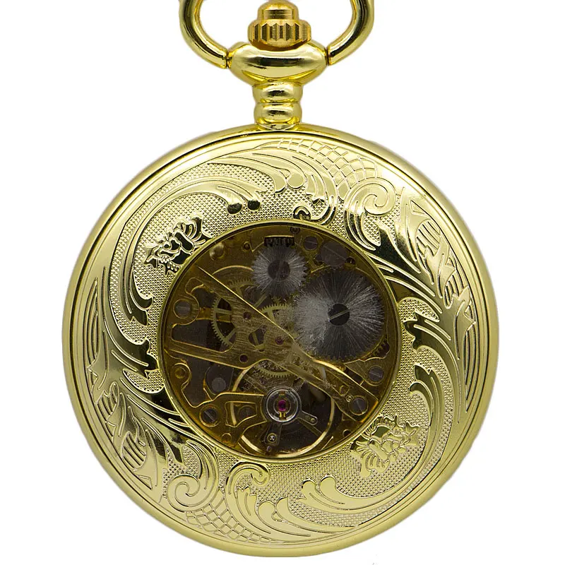 Высокое качество Золотой Shiled дизайн скелет механические ручные намотки карманные часы для мужчин женщин подарок с брелок цепи PJX1372