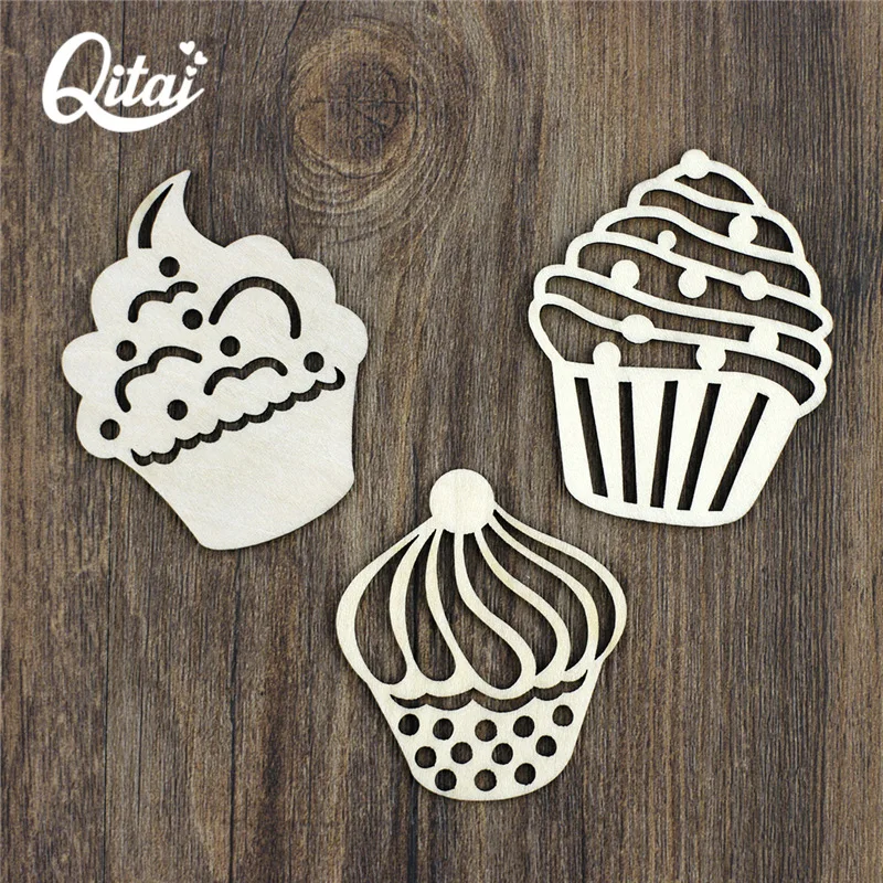 

QITAI 36 Pcs/lot Three Different Size Cupcake Style Wood Craft Great Gift For children happy Birthday Home Decor Creative WF115