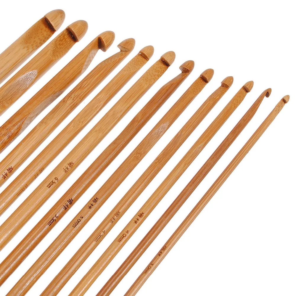 Bamboo Handle Crochet Hook Knit Weave Yarn Craft Knitting Needle 12 PCS