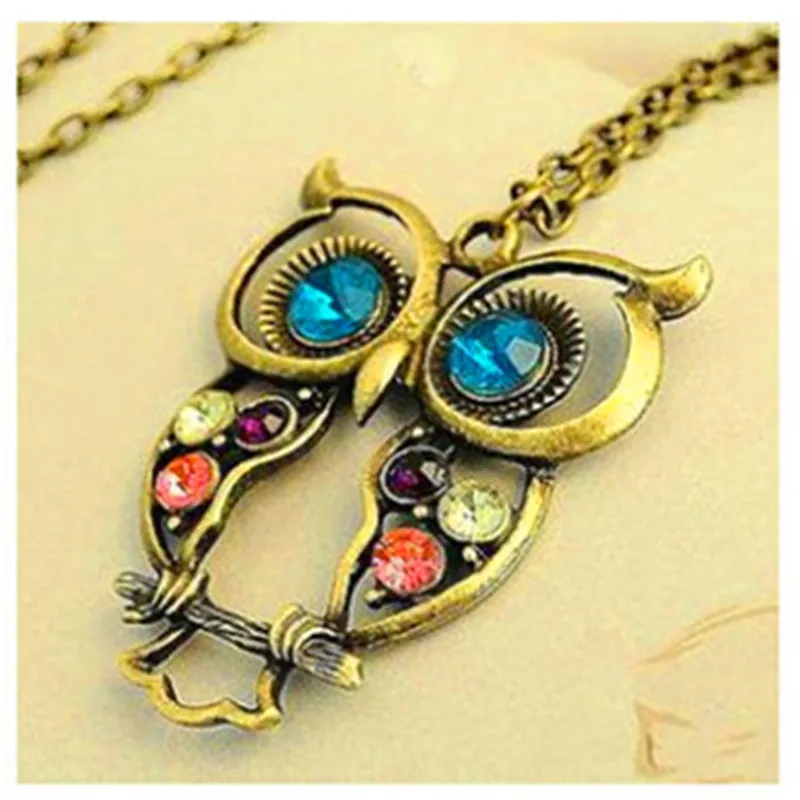 

x15 Vintage Crystal Owl Pendant Necklaces For Women Long Necklace Sweater Accessories Gold Color Animal Neklaces Fashion Jewelry